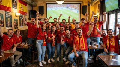 Gemini 说 Aficionados con la camiseta de la selección española celebran con alegría y brindan en un bar mientras ven un partido del Mundial en pantalla grande.