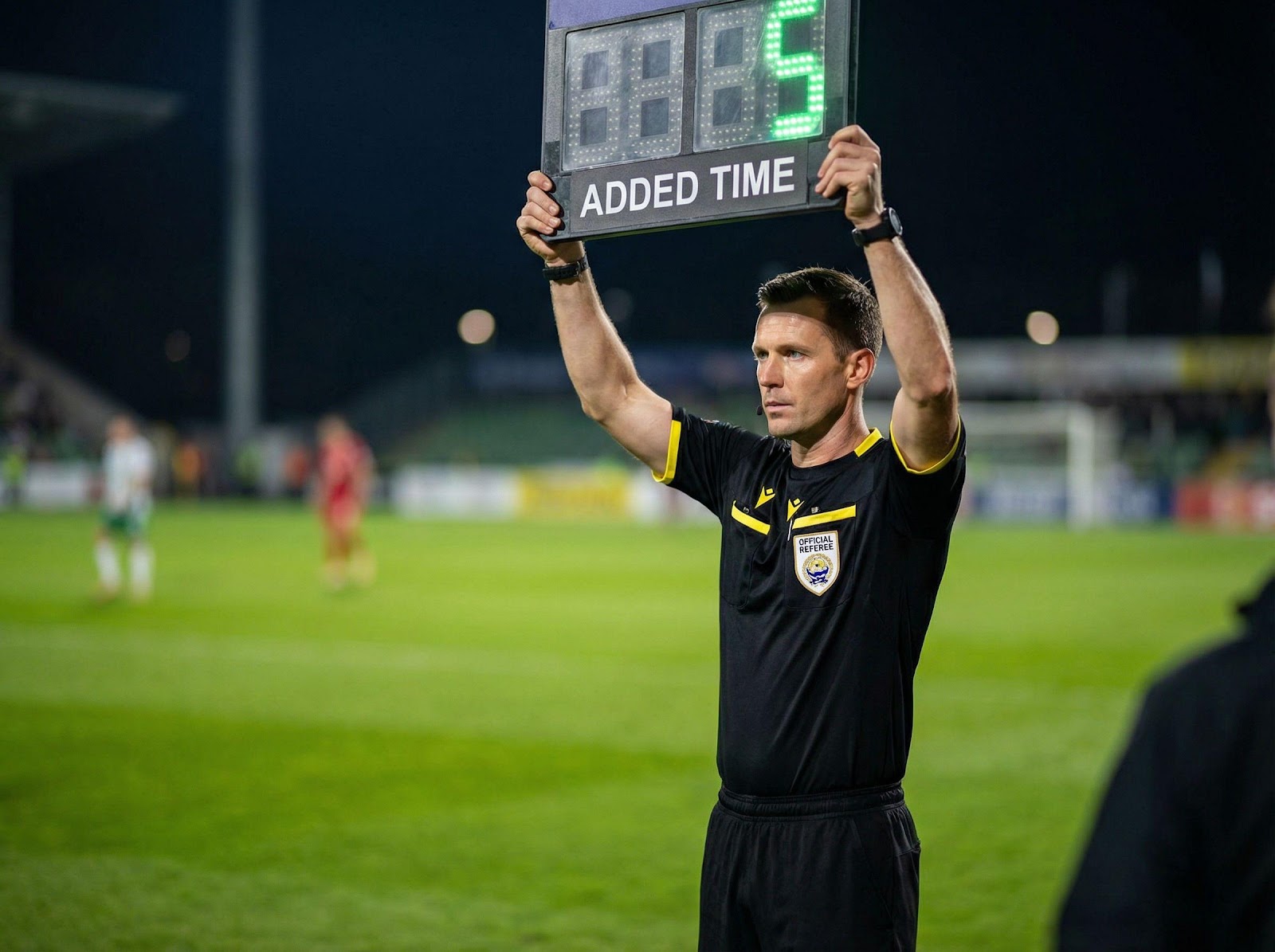 Árbitro levantando un panel que marca 5 minutos de tiempo añadido en un partido de fútbol.