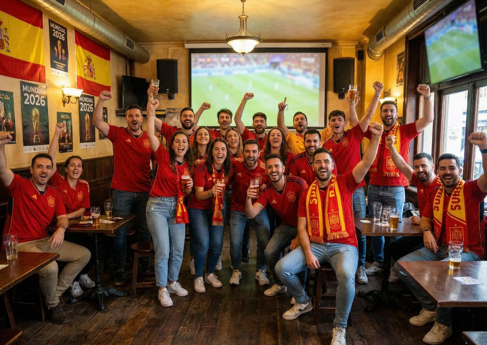  Gemini 说 Aficionados con la camiseta de la selección española celebran con alegría y brindan en un bar mientras ven un partido del Mundial en pantalla grande.